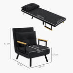 Fauteuil convertible 4 en 1 lit 1 place dossier 5 positions, accoudoirs en bois et coussin, tissu effet velours, noir