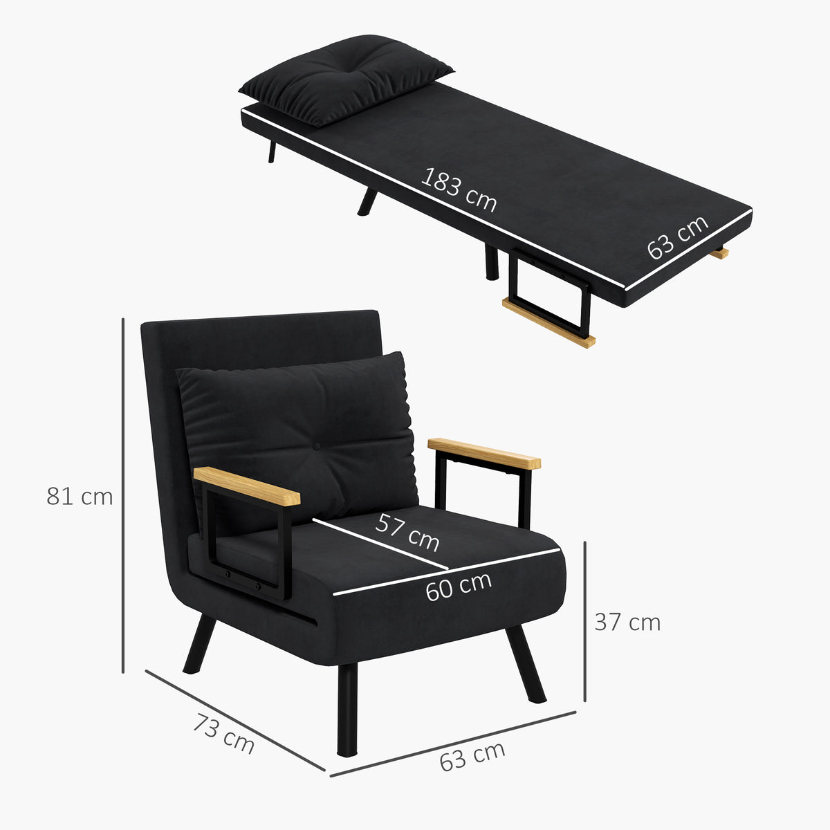 Fauteuil convertible 4 en 1 lit 1 place dossier 5 positions, accoudoirs en bois et coussin, tissu effet velours, noir