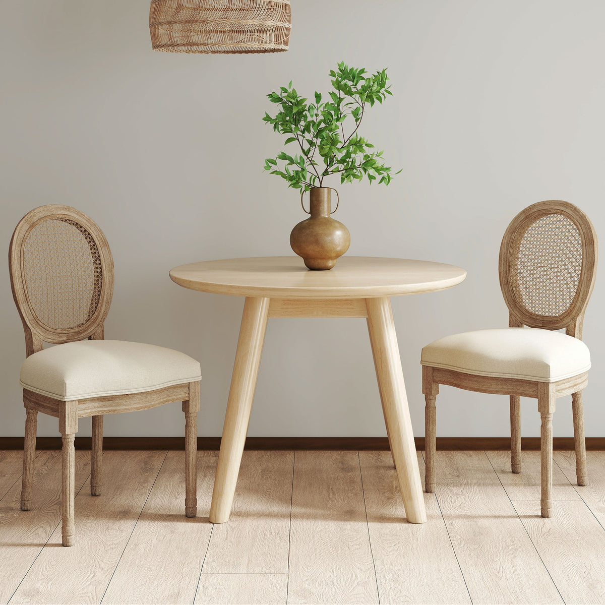 Set de 2 sillas de comedor - Silla de salón medallón estilo Luis XVI - Madera maciza tallada, patinada - Respaldo de rejilla - Aspecto lino crema