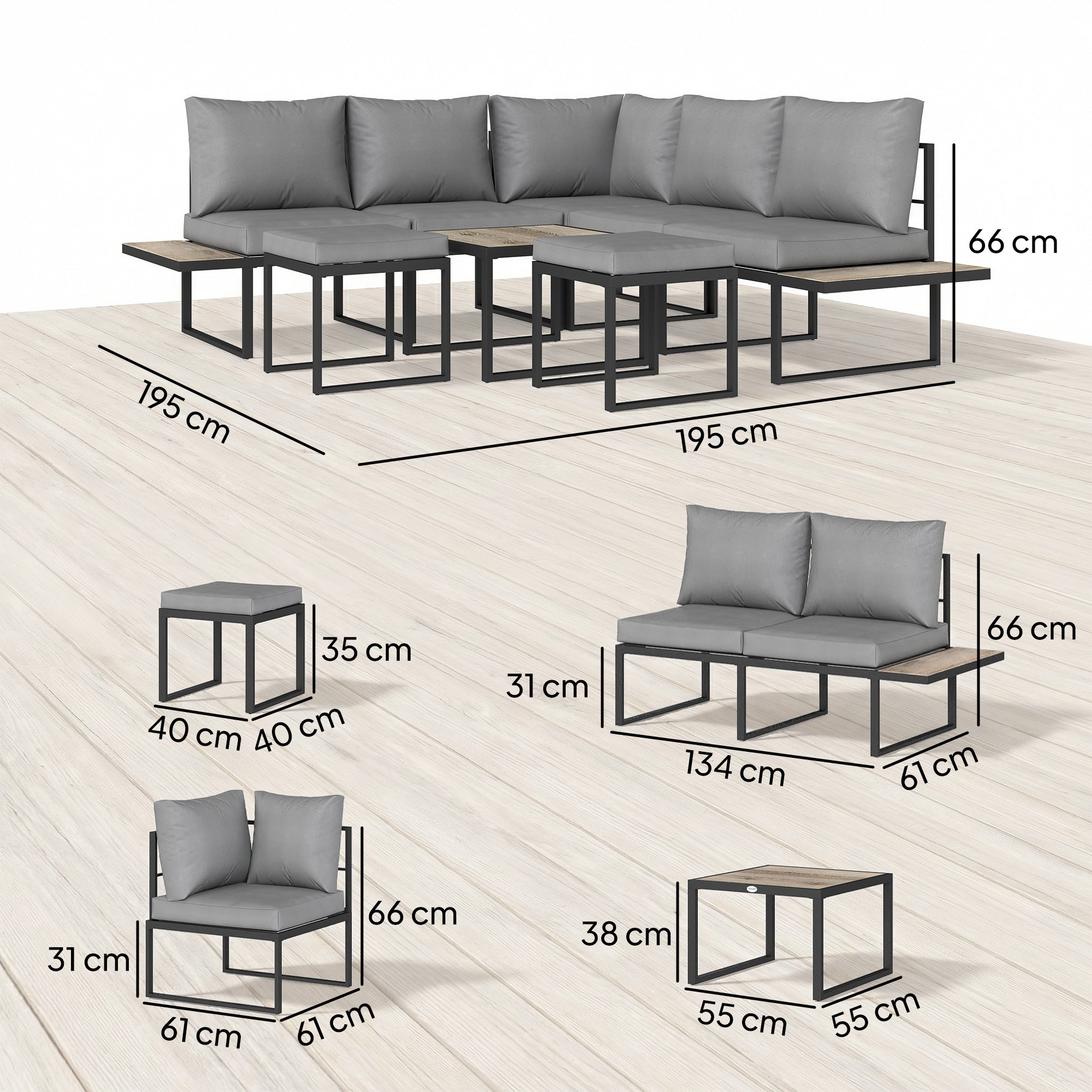 Salon de jardin extérieur 6 personnes modulable table basse et plateaux latéraux en bois PSPC coussins épais 10cm gris