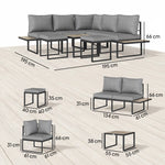 Salon de jardin extérieur 6 personnes modulable table basse et plateaux latéraux en bois PSPC coussins épais 10cm gris