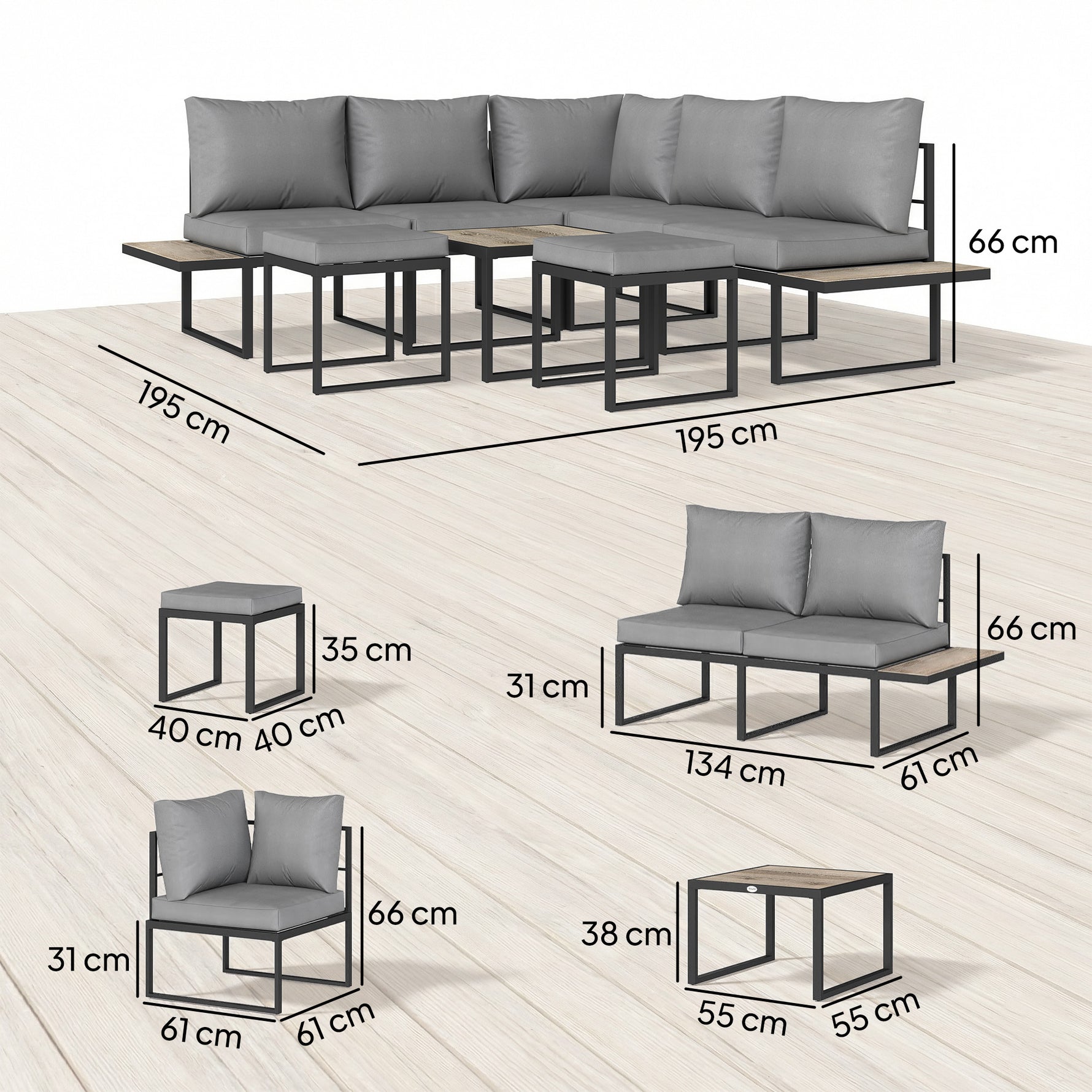 Salon de jardin extérieur 6 personnes modulable table basse et plateaux latéraux en bois PSPC coussins épais 10cm gris