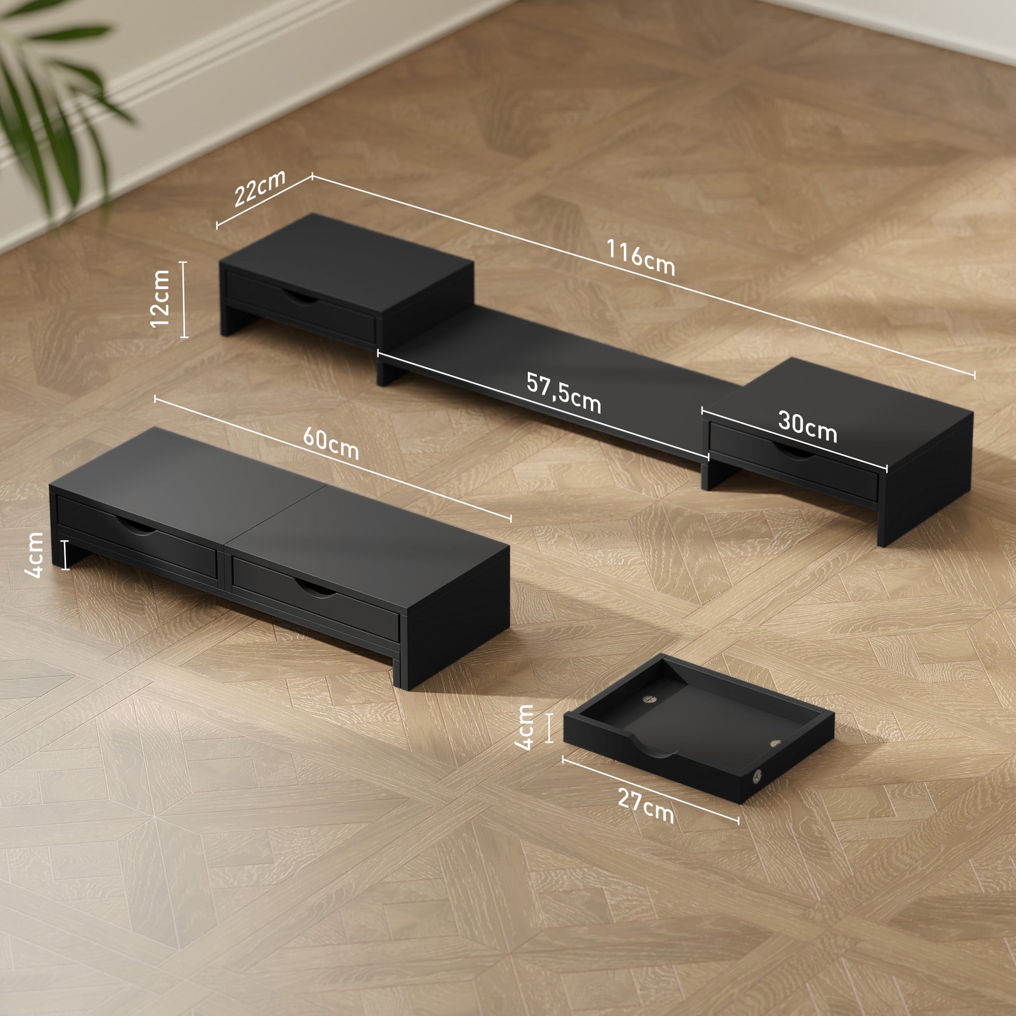 Rehausseur Écran PC Bureau, Support d'Écran d'Ordinateur de 60-116 cm avec 2 Tiroirs, Longueur et Angle Réglables Noir