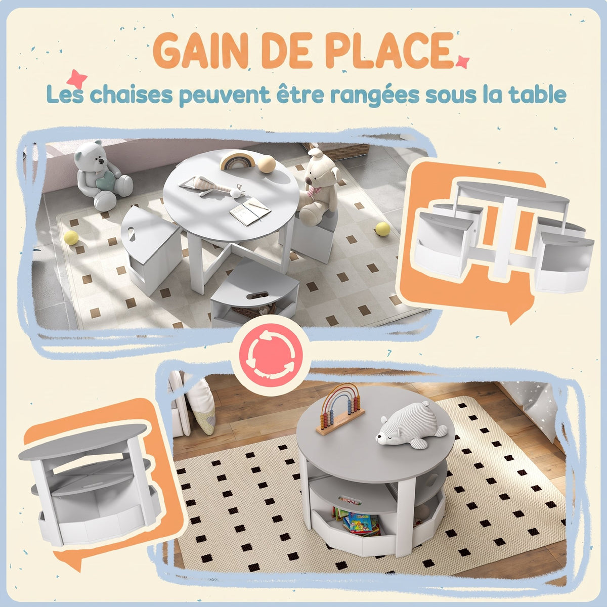 Table Enfant avec 4 Chaises 5 Pièces avec Rangement, Cadeau pour Fille Garçon 3-8 Ans, Ø 78 x 49 cm, Gris