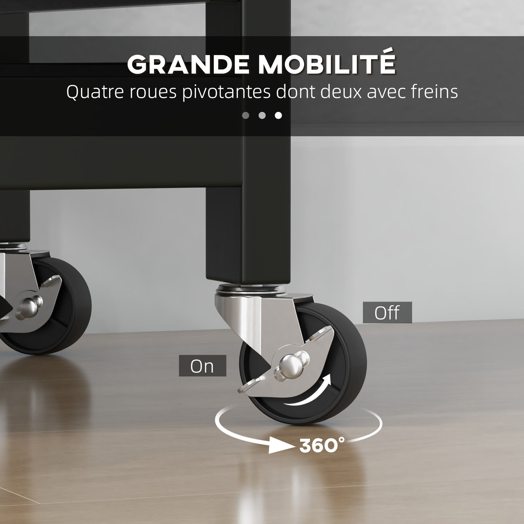 Chariot desserte de cuisine à roulettes plan de travail en bois 3 tiroirs et 1 plateau amovible 67 x 37 x 85,5 cm noir