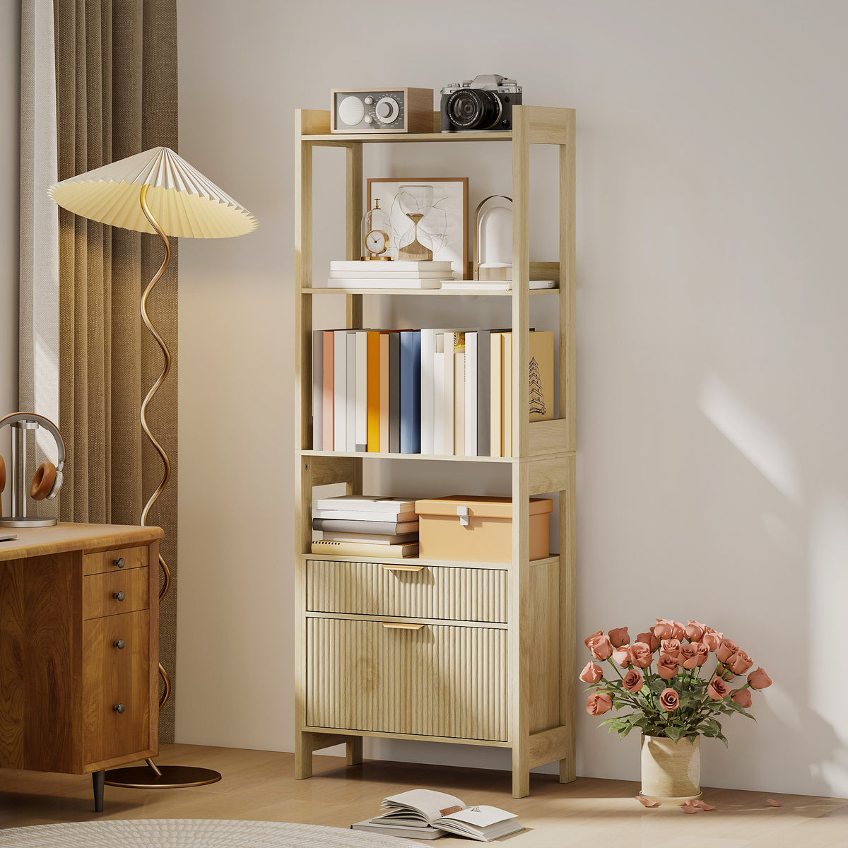 Bibliothèque haute, meuble de rangement avec 4 étagères ouvertes et 2 tiroirs cannelés, 60 x 30 x 160 cm, bois naturel