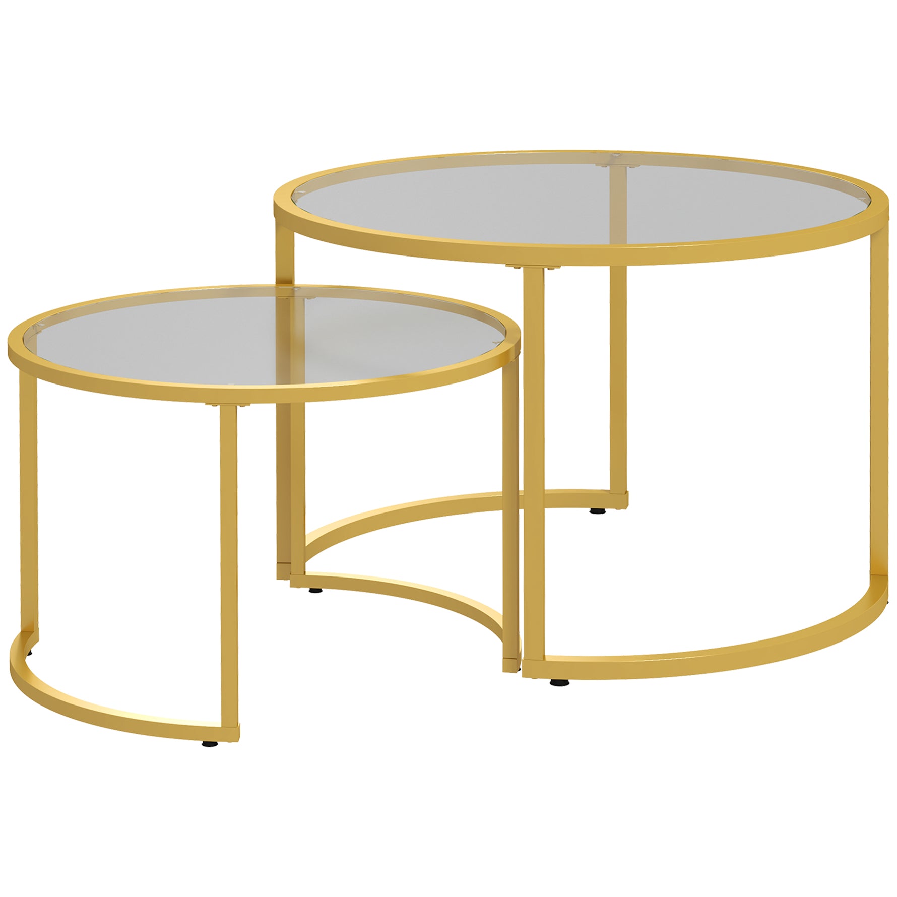 Lot de 2 tables basses gigognes rondes plateau verre trempé et pied en acier au carbone doré