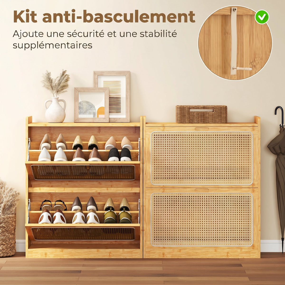 Meuble à chaussures 14 paires, armoire à chaussures 2 tiroirs rabattables, étagères réglables, 69x29x83cm, bois naturel