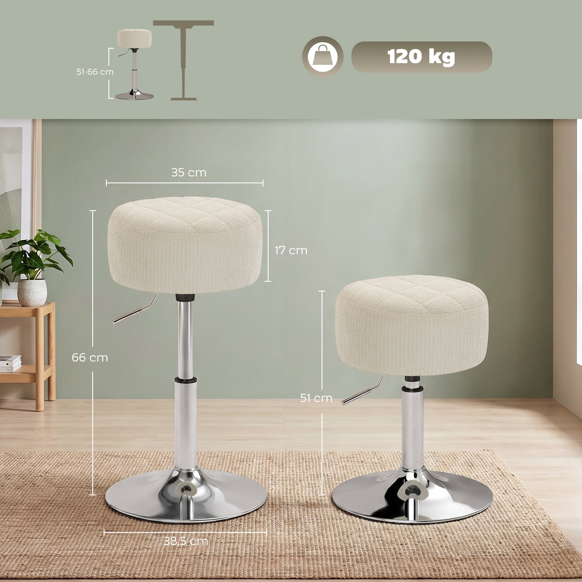 Frisierhocker aus Chenille, drehbarer Schminkhocker, höhenverstellbarer Barhocker 51-66 cm, Creme