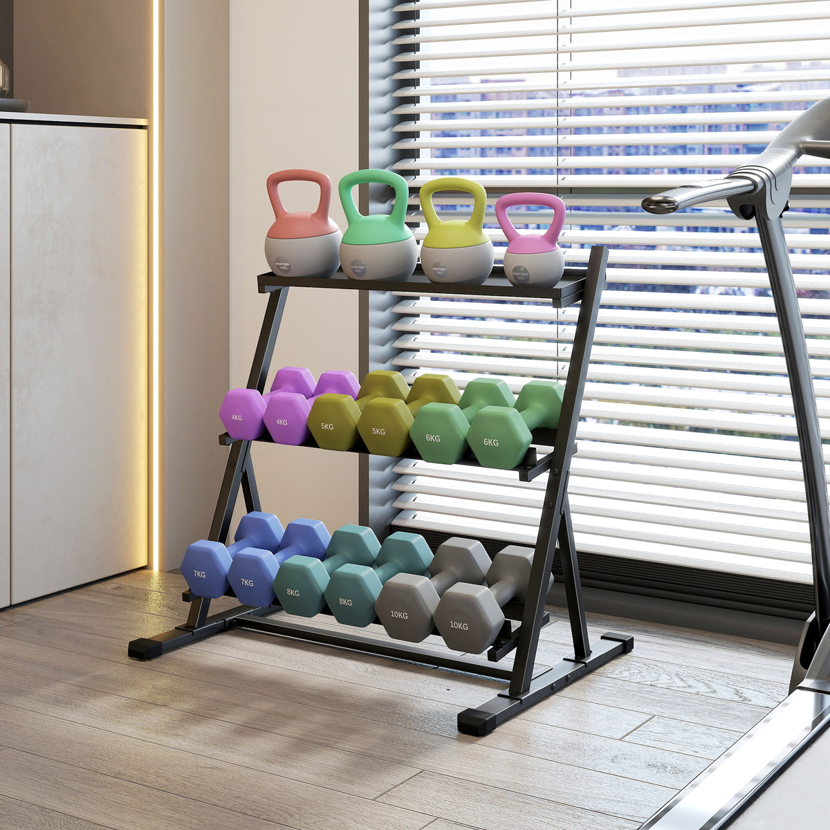 3 mailatako dumbbells euskarria, altzairuzko pisu-euskarri erregulagarria dumbbells eta kettlebell-etarako, beltza