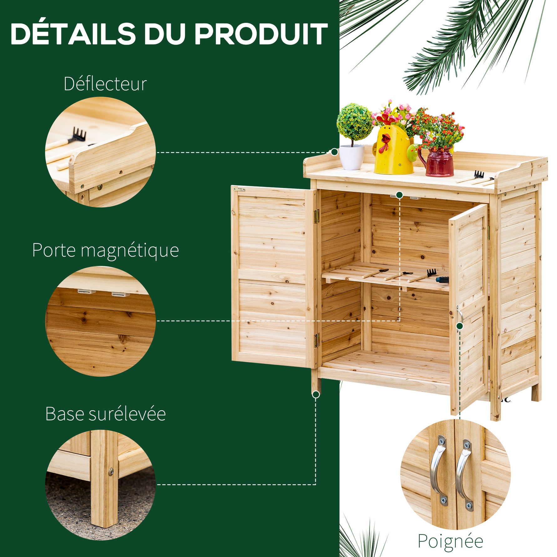 Armoire de jardin remise pour outils sur pied placard avec double porte et étagère interne en bois massif sapin pré-huilé dim. 83L x 40l x 92H cm naturel