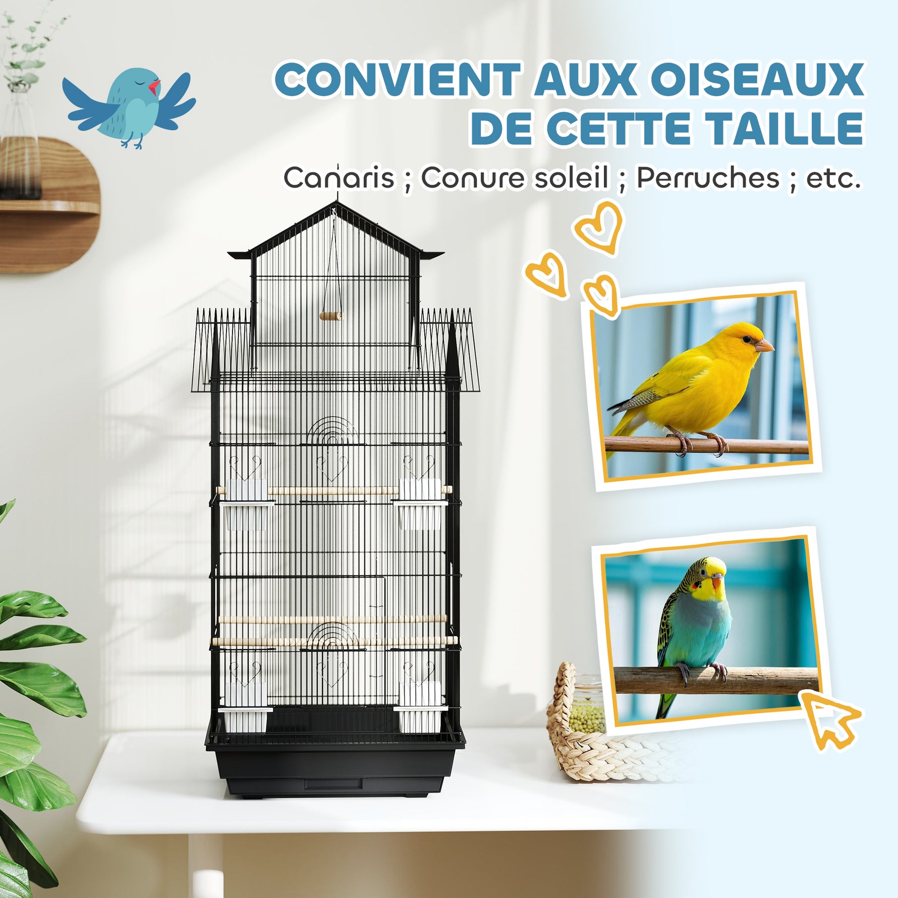 Cage à oiseaux volière avec balançoire poignée portable 4 mangeoires 3 perchoirs 50,5 x 41 x 104 cm en acier noir