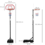 Canestro da basket da esterno con palo e tabellone, base zavorrabile su ruote, altezza regolabile 2,1-2,6 m - acciaio, nero bianco e rosso