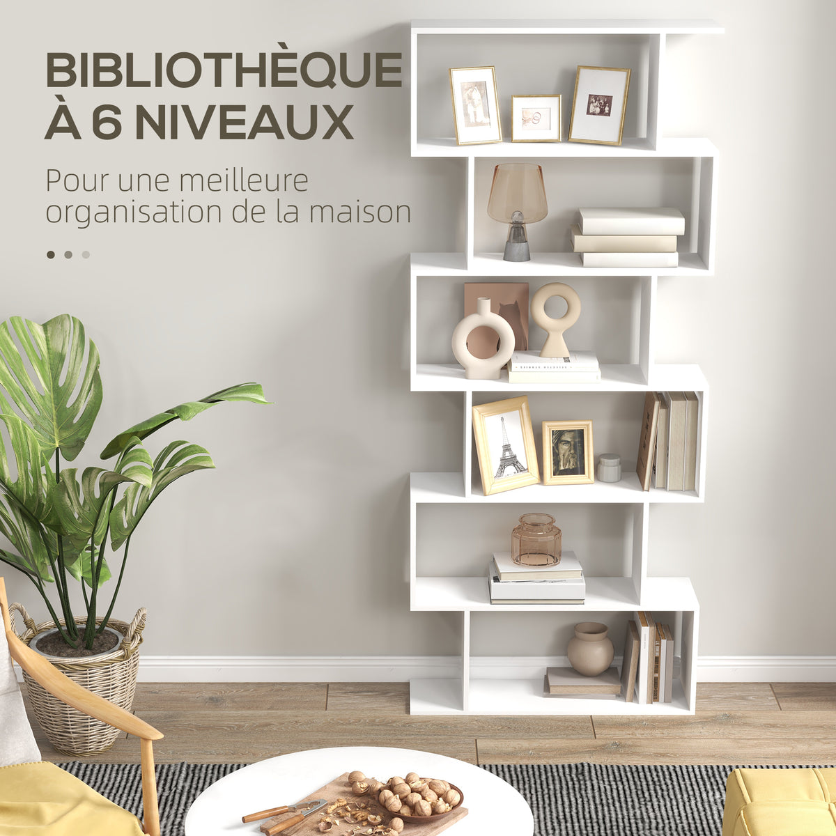 Zickzack-Bücherregal, zeitgenössisches Design, 80B x 23T x 192H cm, 6 Ebenen, Weiß