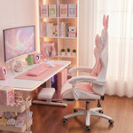 Silla gaming con soporte lumbar, altura ajustable, respaldo reclinable, orejas de conejo y reposacabezas, rosa