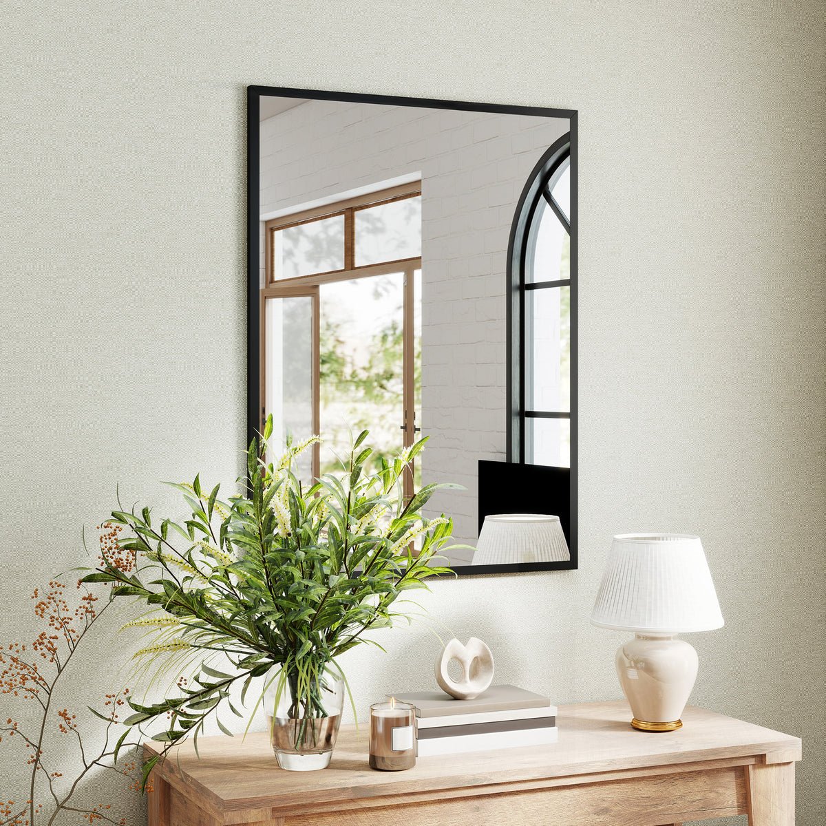 Miroir mural rectangulaire 76 x 101 cm, cadre en bois noir, idéal pour la salle de bain, salon ou chambre