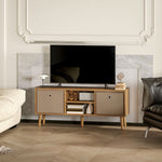 Meuble TV bas sur pieds style contemporain avec 2 tiroirs en tissu dim. 110L x 29l x 46,5H cm - passe-câbles - MDF