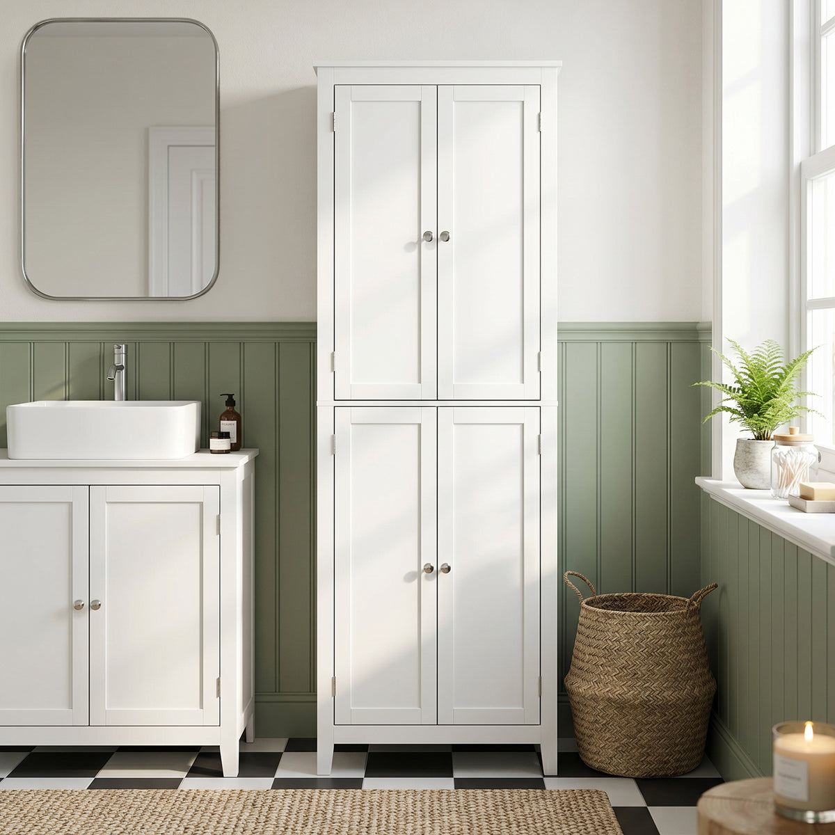 Meuble de Salle de Bain, Meuble de Rangement, Colonne Salle de Bain avec 4 Portes et Étagères Réglables, Blanc