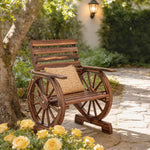 Chaise de Jardin en Bois, Style Roue de Chariot, Siège Large à Lattes, Dossier Incliné, 66x55x90cm, Finition Carbonisée