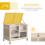 Cage à lapin clapier sur roulettes petit enclos animaux en bois massif 2 étages toit ouvrant plates-formes 91,5 x 53,3 x 73 cm bois naturel