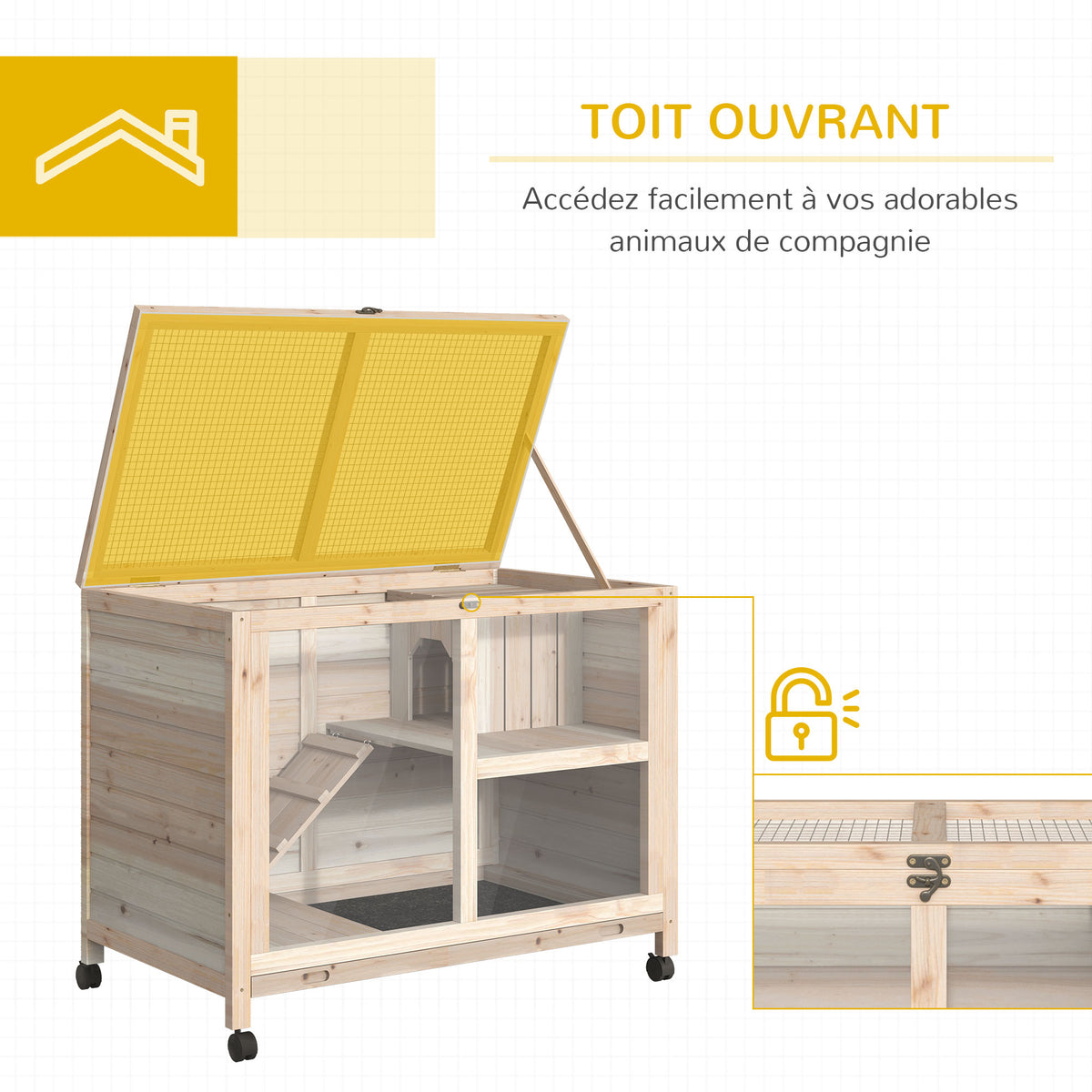 Cage à lapin clapier sur roulettes petit enclos animaux en bois massif 2 étages toit ouvrant plates-formes 91,5 x 53,3 x 73 cm bois naturel