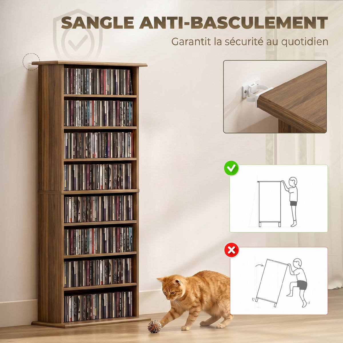Rangements pour CD et DVD avec 8 compartiments et 6 étagères réglables, capacité max. 360 CD/185 DVD et Blu-ray, noyer