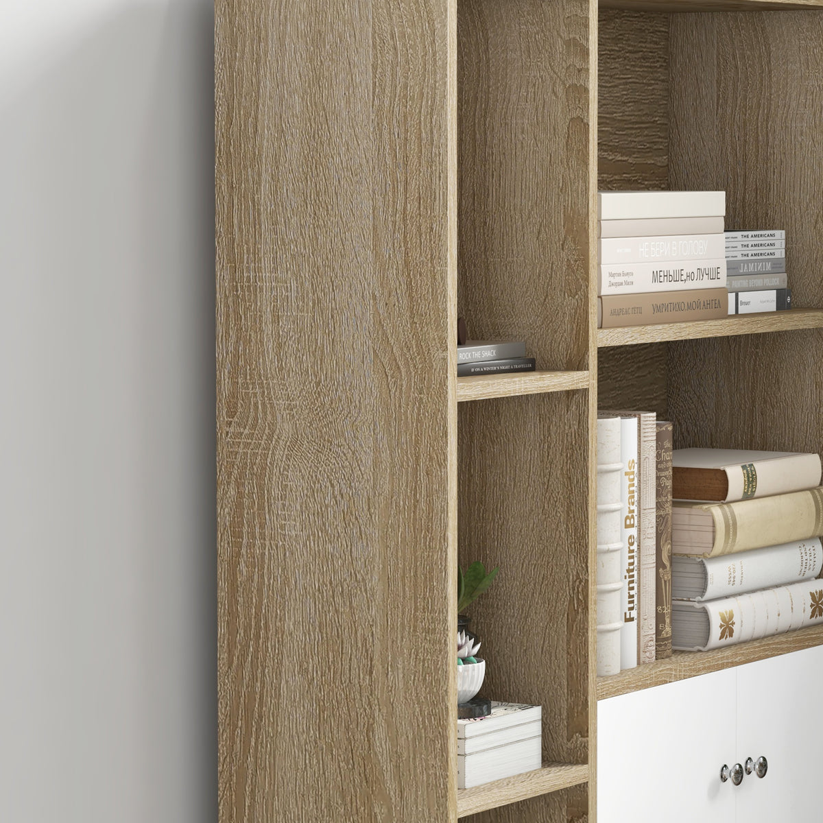 Bibliothèque scandinave meuble de rangement dim. 80L x 23,5l x 123H cm 5 niches placard 2 portes pieds effilés inclinés