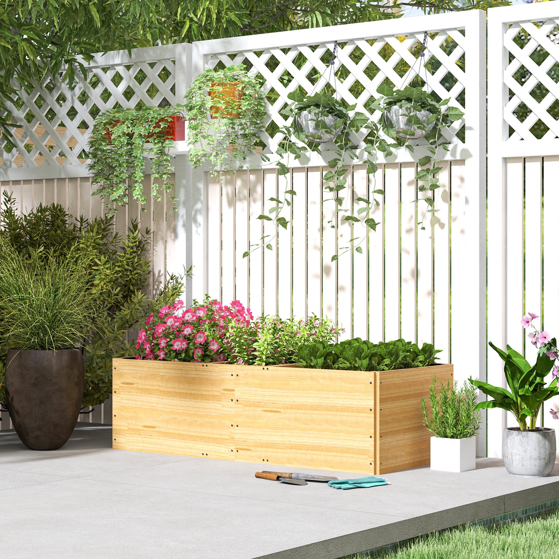 Jardinière extérieur, carré potager en bois, 3 compartiments de plantation et doublure inclus, 140x60x40cm, naturel
