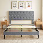 Estructura de cama de 140 x 190 cm con somier, cama doble tapizada en lino, cabecero capitoné, soporte de 10 listones, gris
