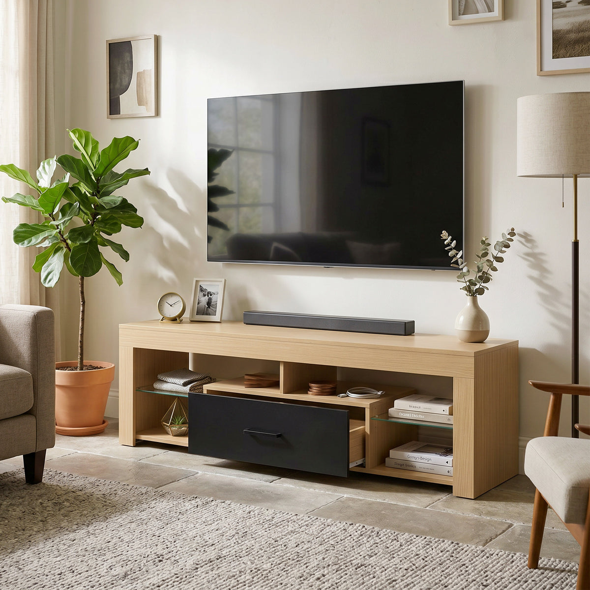 Meuble TV 140 cm, Meuble Télé pour 65 Pouces avec Étagères en Verre Réglables, Tiroir et Compartiments Ouverts, Chêne