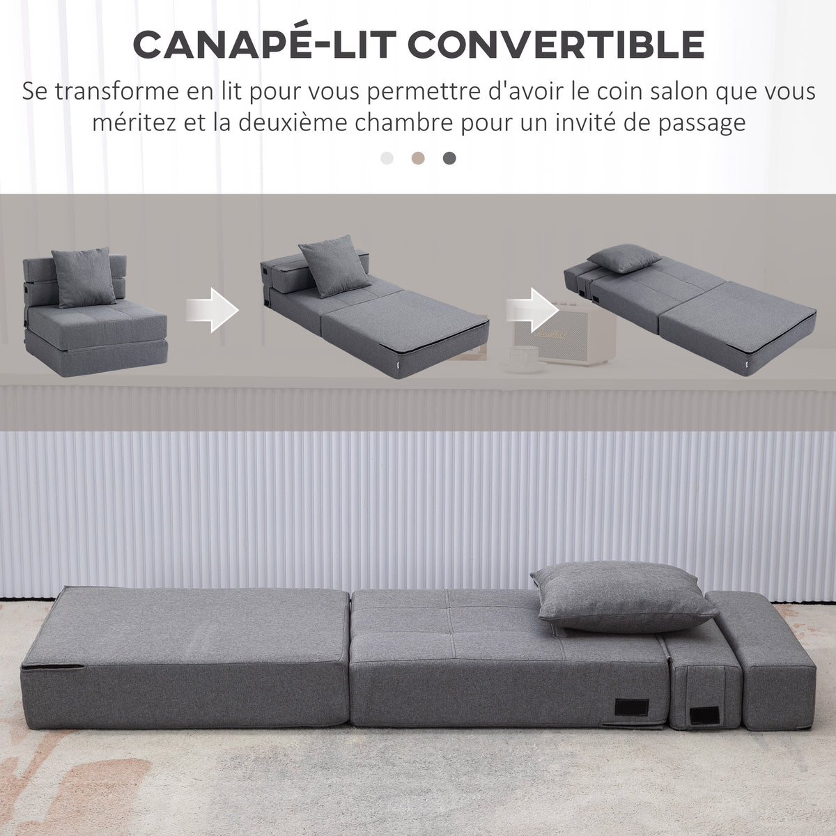 Chauffeuse canapé-lit convertible fauteuil 1 place avec 1 coussin déhoussable, tissu gris