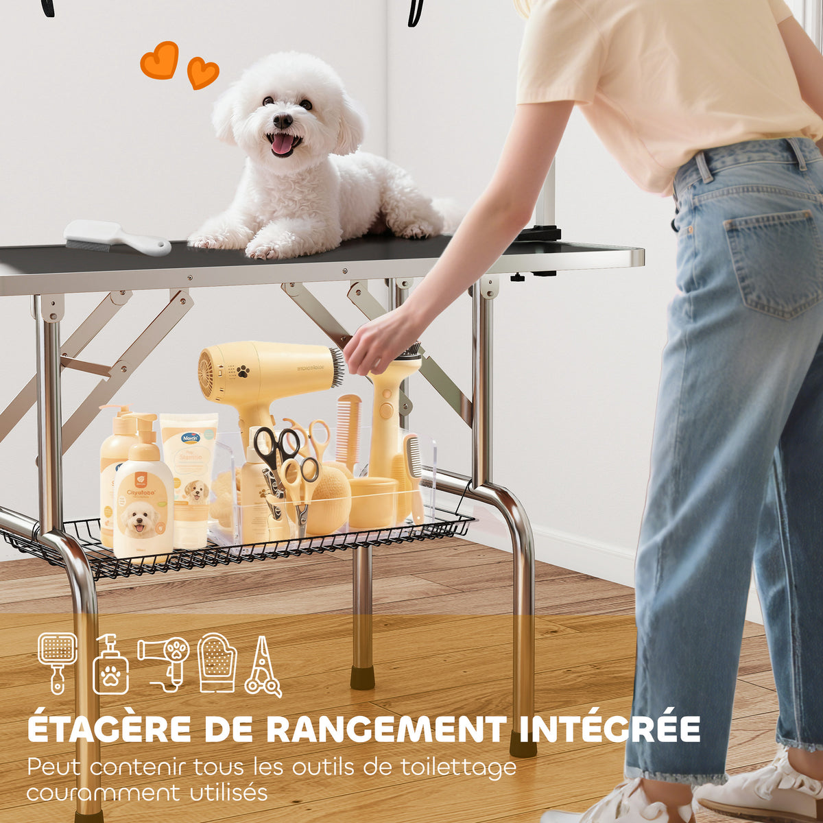 Table de toilettage pour chien pliante potence H-forme inox réglable 2 sangles panier 107 x 60 x 164 cm noir