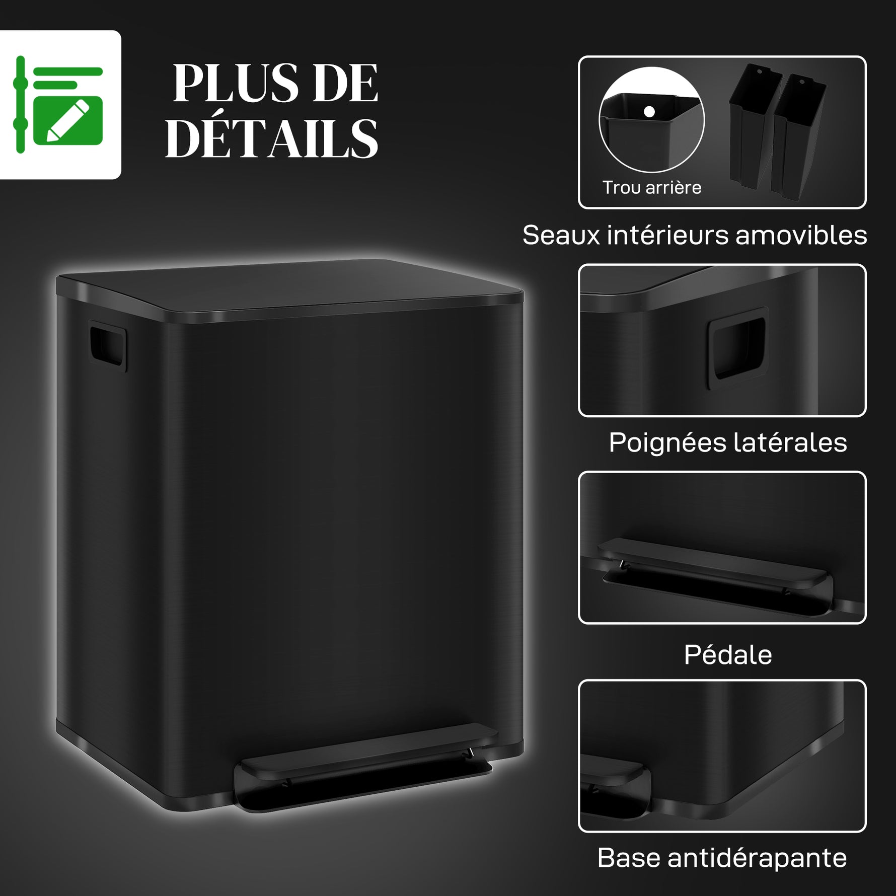 Poubelle de cuisine 2 compartiments de 2 x 25L, acier inoxydable, couvercle à fermeture douce, 47,7x37,5x56cm, noir