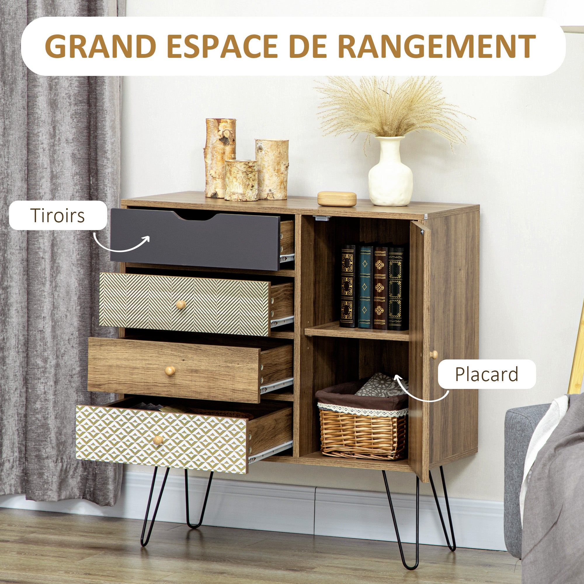 Aufbewahrungsschrank Kommode Sideboard 4 Schubladen 1 Schrankfach – Haarnadelbeine Bohème-Stil 79 x 39 x 86 cm Braun