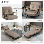 Fauteuil convertible 4 en 1 lit 1 place dossier 5 positions, accoudoirs en bois et coussin, tissu effet velours, marron