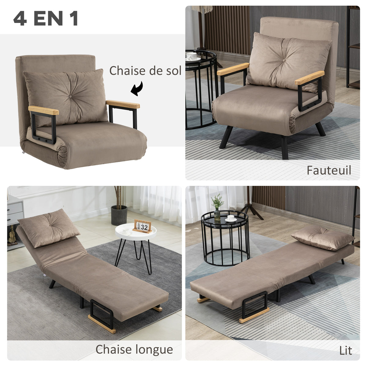 Fauteuil convertible 4 en 1 lit 1 place dossier 5 positions, accoudoirs en bois et coussin, tissu effet velours, marron