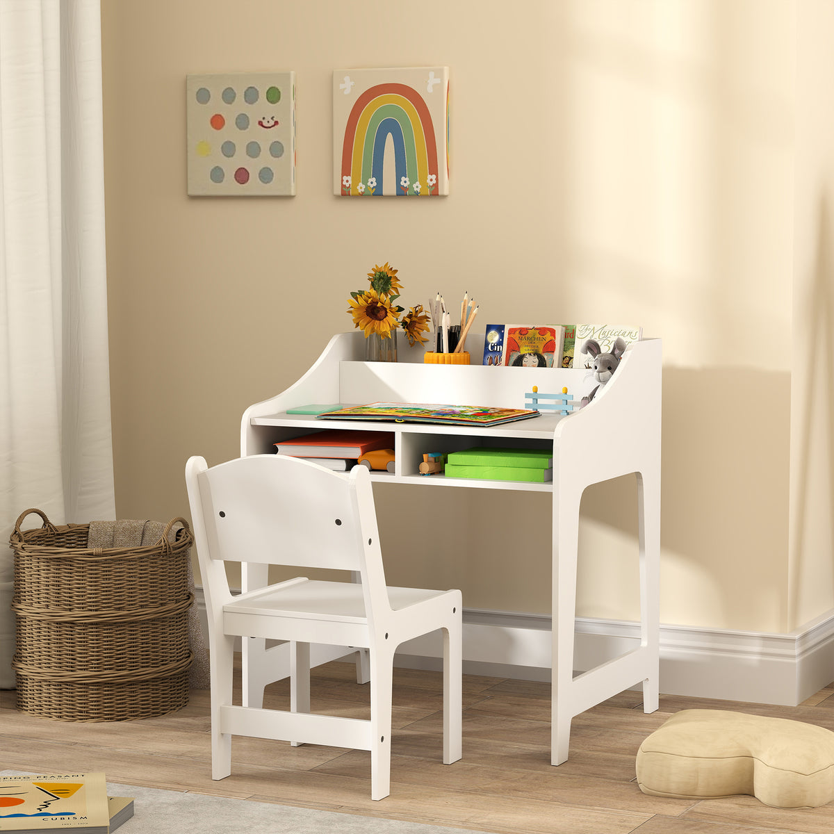 Ensemble bureau et chaise pour enfant 3 à 8 ans avec compartiments et étagères ouverts, blanc