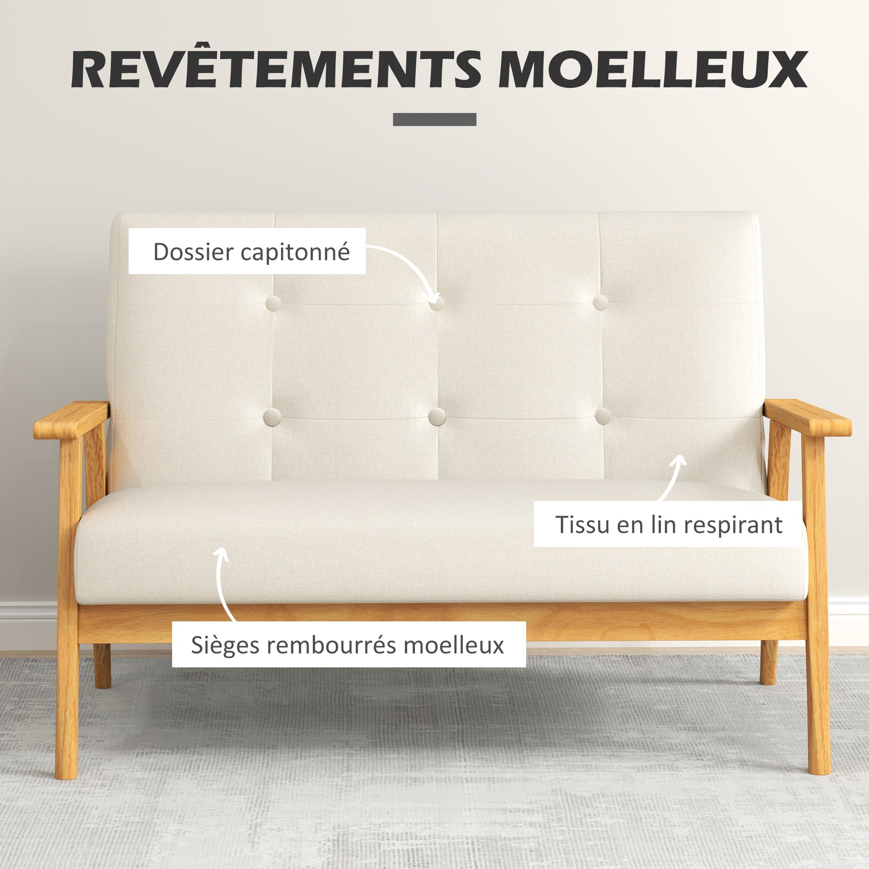 Canapé 2 places 115 cm canapé scandinave avec dossier capitonné, assise rembourrée et accoudoirs, beige