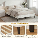 Cadre de Lit 140x190cm avec Sommier, Tête de Lit Réglable, Lit Double Rembourré en Velours Teddy, Lattes en Métal, Blanc