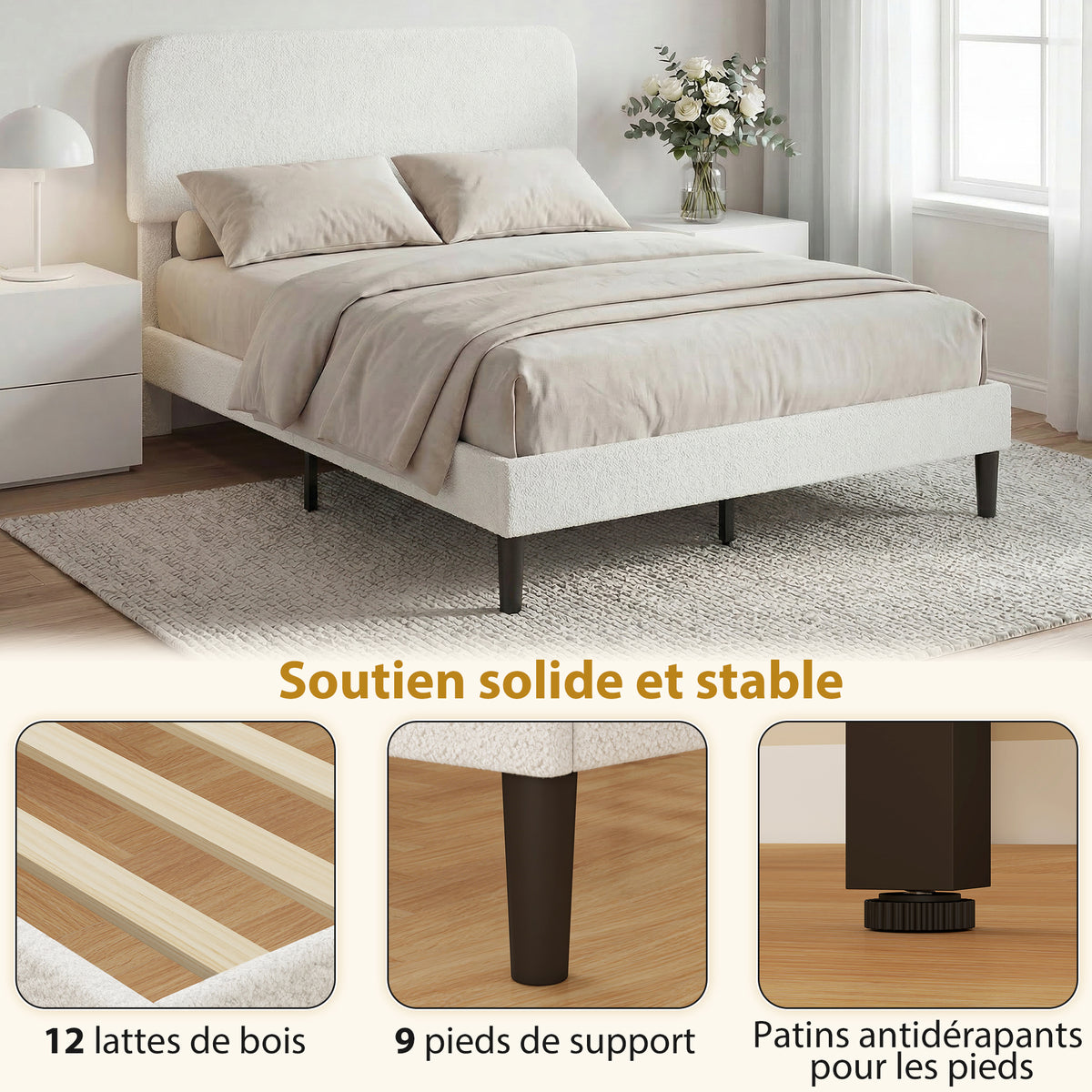 Cadre de Lit 140x190cm avec Sommier, Tête de Lit Réglable, Lit Double Rembourré en Velours Teddy, Lattes en Métal, Blanc