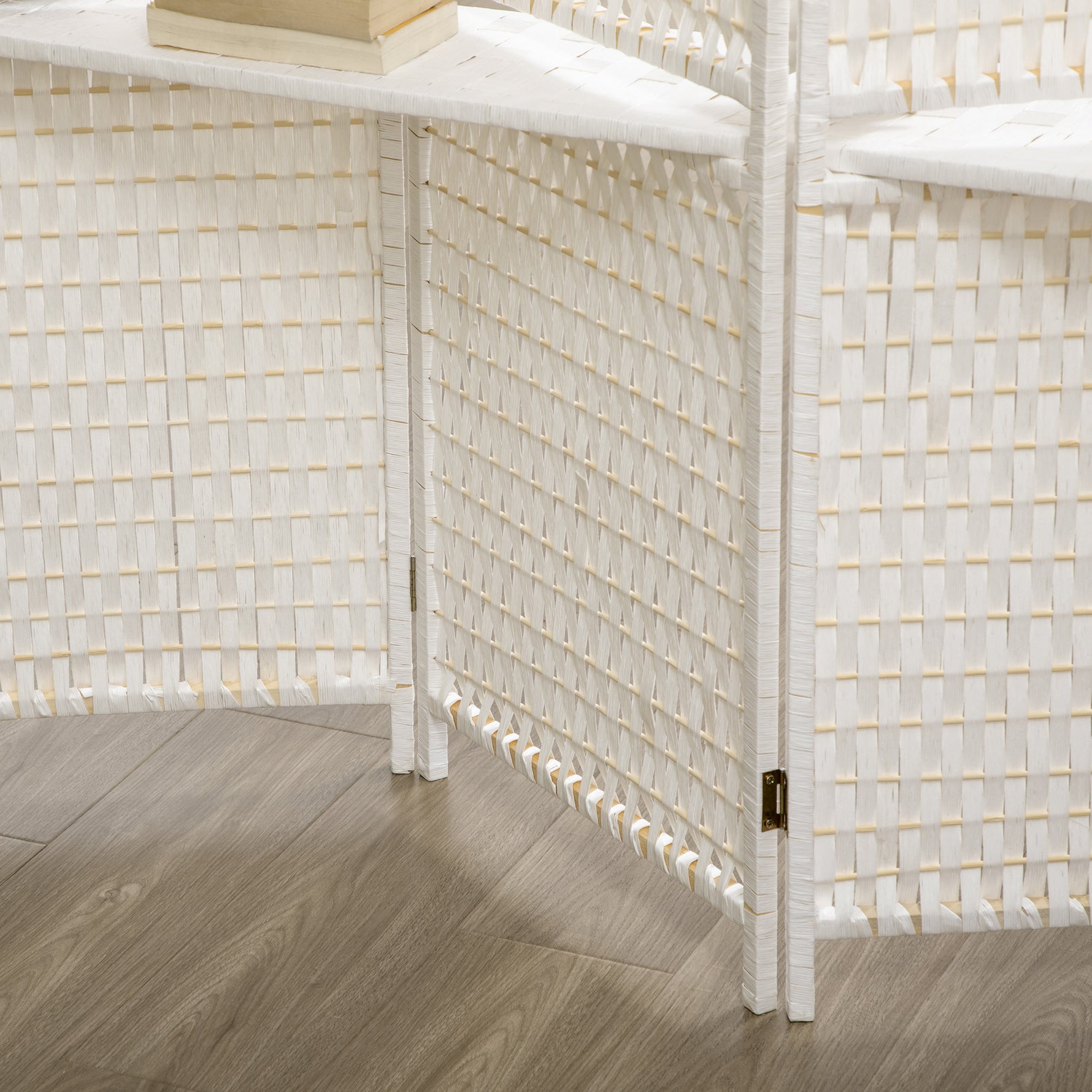 Séparateur de pièces 4 panneaux 2 étagères pliables blanc paille