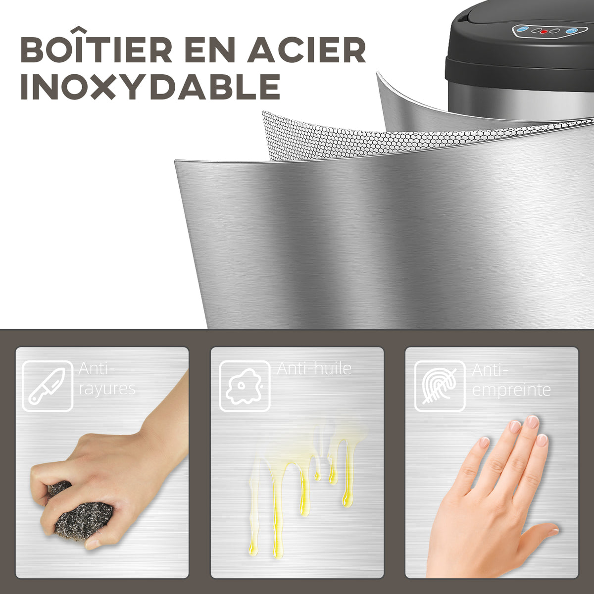 Poubelle cuisine automatique 42L acier inoxydable, poubelle à couvercle à fermeture en douceur, 30,5x30,5x68cm, argent