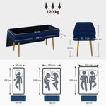 Banc banquette coffre de rangement 2 en 1 assise aspect velours et pieds acier - 100 x 37,5 x 42 cm bleu et doré