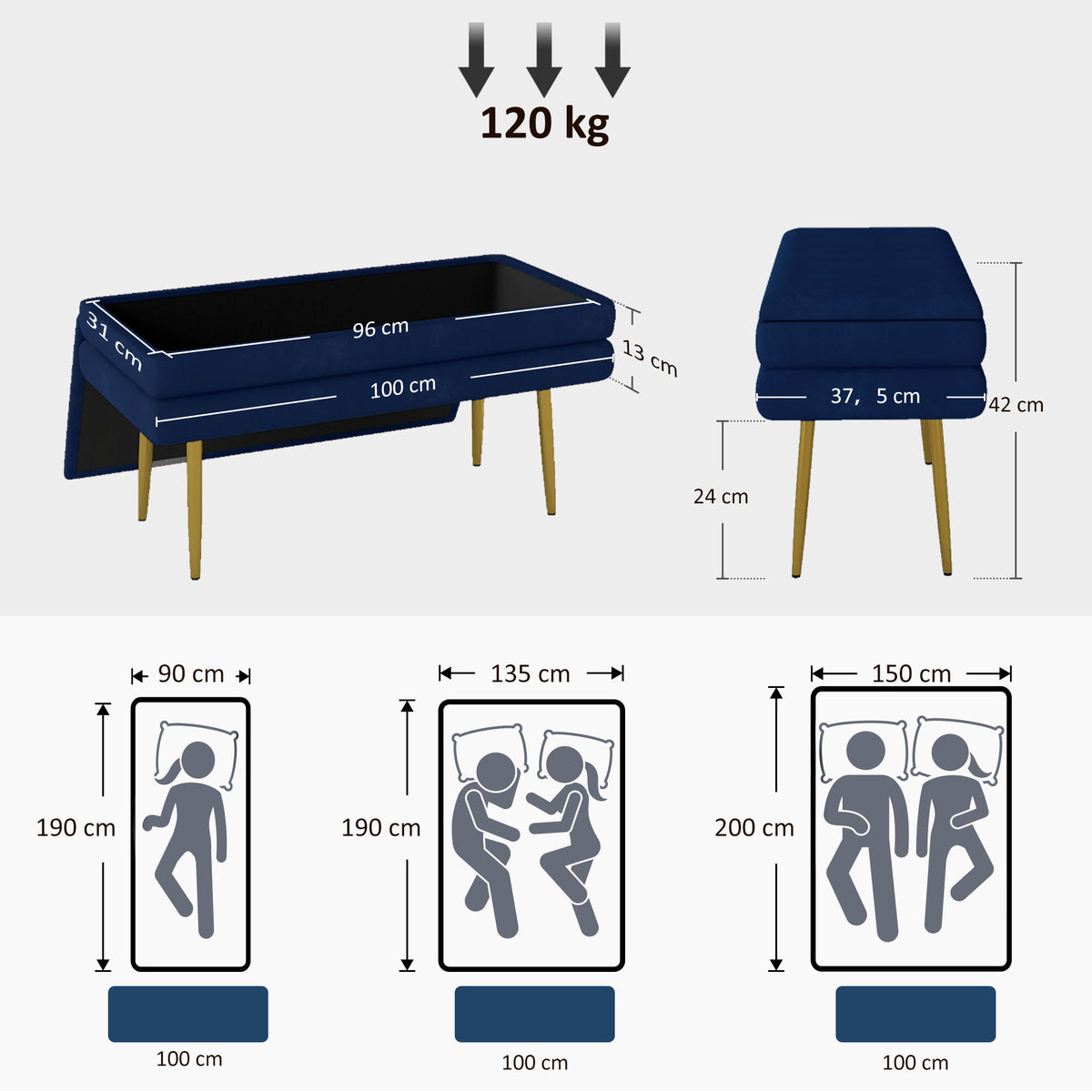 Banc banquette coffre de rangement 2 en 1 assise aspect velours et pieds acier - 100 x 37,5 x 42 cm bleu et doré