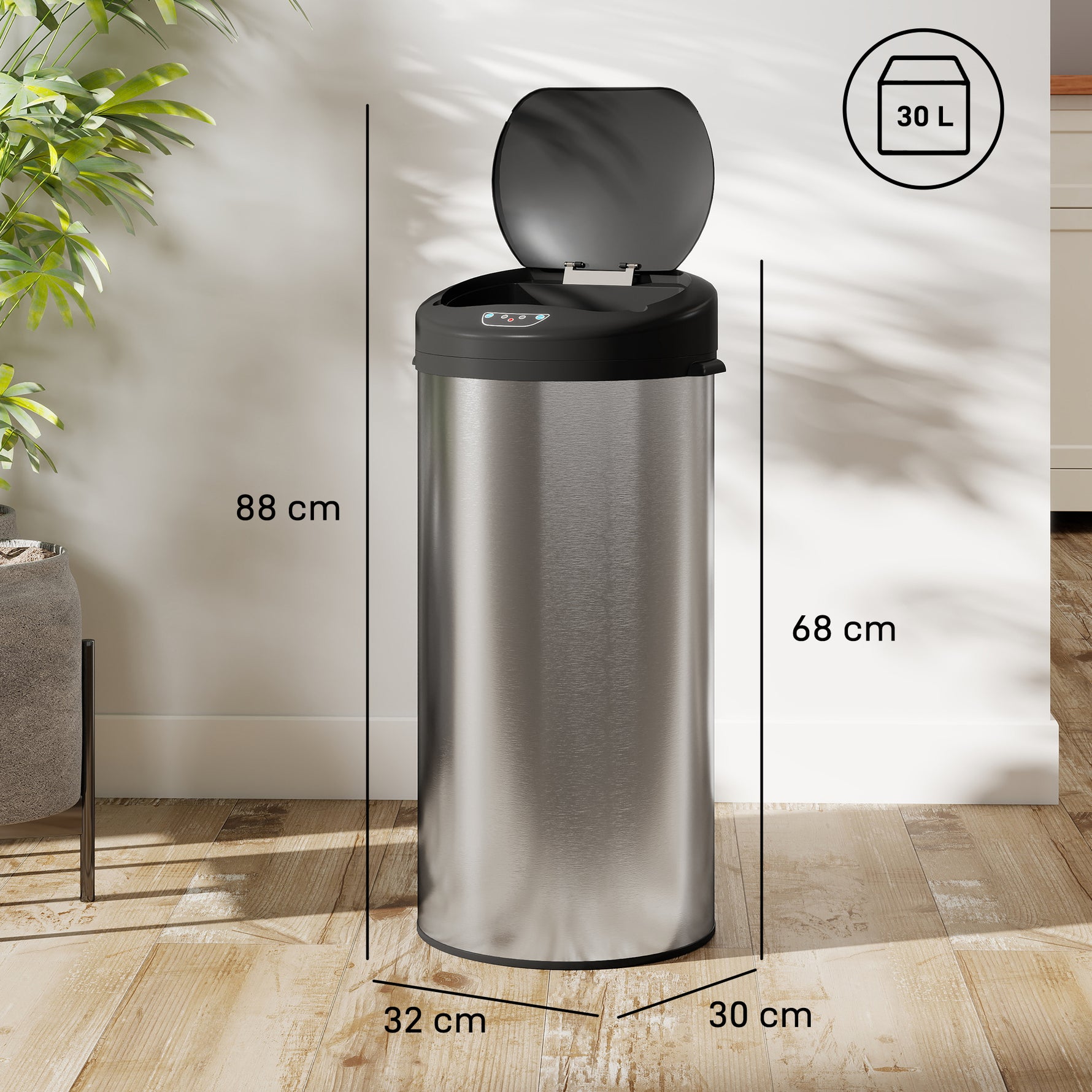 Poubelle de cuisine automatique 30 L en acier inoxydable, couvercle à fermeture en douceur, 32 x 30 x 68 cm, argent