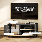 Meuble TV sur roulettes avec 2 Freins - 2 niches + Placard Porte 2 Passe-Fil - en bois Noir chêne Clair