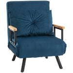 Fauteuil convertible 3 en 1 lit 1 place dossier 5 positions, accoudoirs en bois et coussin, tissu effet velours, bleu