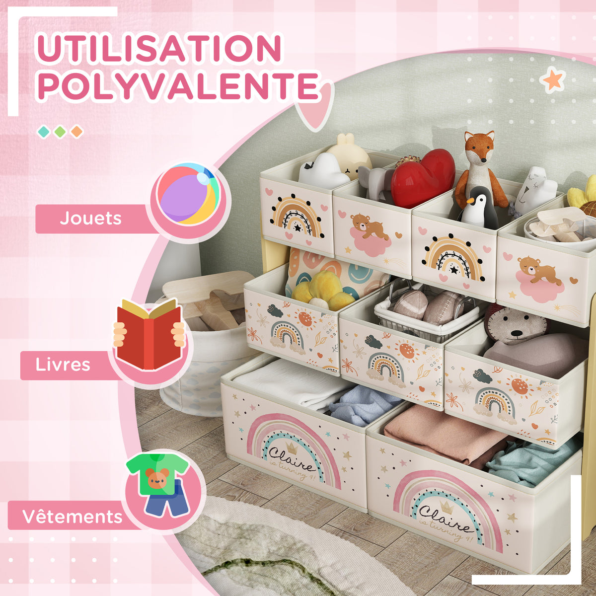Étagère de rangement enfant étagère à 3 niveaux avec 9 boîtes en tissu non tissé 93 x 30 x 70 cm jaune-6