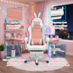 Silla gaming con soporte lumbar, altura ajustable, respaldo reclinable, orejas de conejo y reposacabezas, rosa