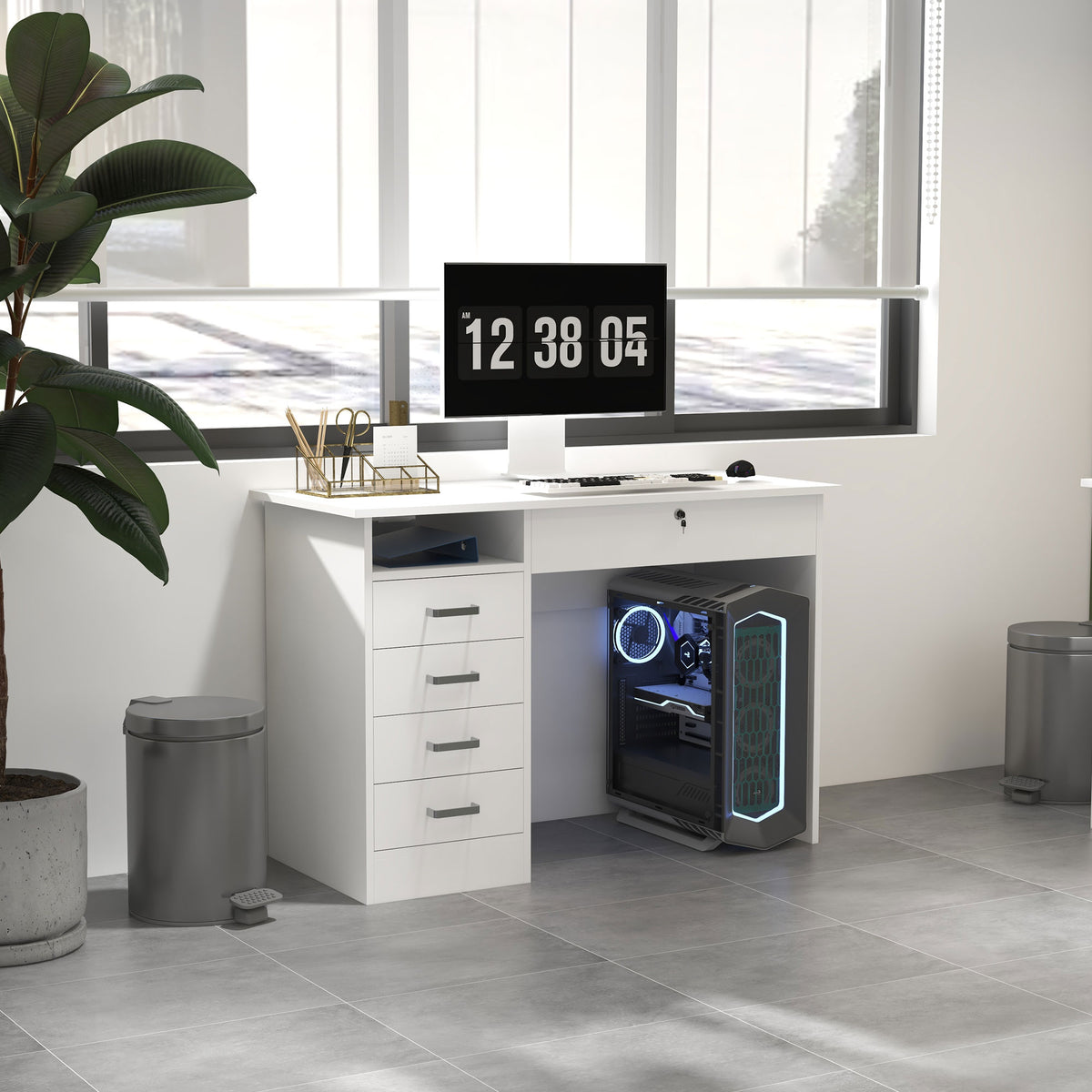 Bureau moderne avec 5 tiroirs, grand plateau, 1 compartiment ouvert, tiroir verrouillable, 110 x 50 x 76cm, blanc